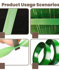 Heavy Duty Strapping Tape Rolls And Flat Woven Fiber Rope Set for Packing And Securing Heavy Items shown in green rolls