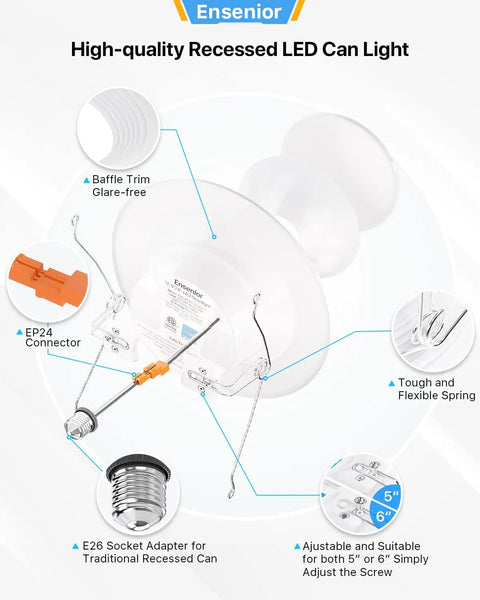 Six Pack 5 To 6 Inch LED Recessed Can Lights Retrofit Kit with 5000K Daylight showcasing trim and installation components