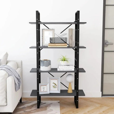 4 Tier Solid Pine Wood Book Cabinet In Gray, A Chunky Industrial Style Bookshelf For Home Office, 55.1 Inch Tall With 4 Spacious Shelves.