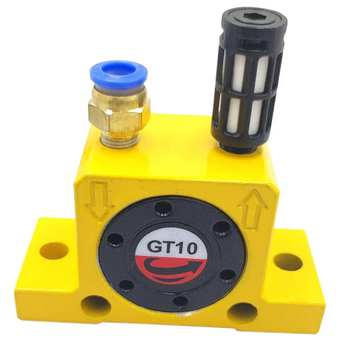 Close-up of GT10 High Speed 1/8 Inch Pneumatic Air Turbine Vibrator Industrial Grade With Muffler, yellow aluminum alloy body