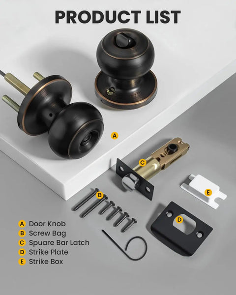 Oil Rubbed Bronze Interior Door Knob Privacy Set for Bedroom and Bathroom Doors, No Key Privacy Lock, components shown