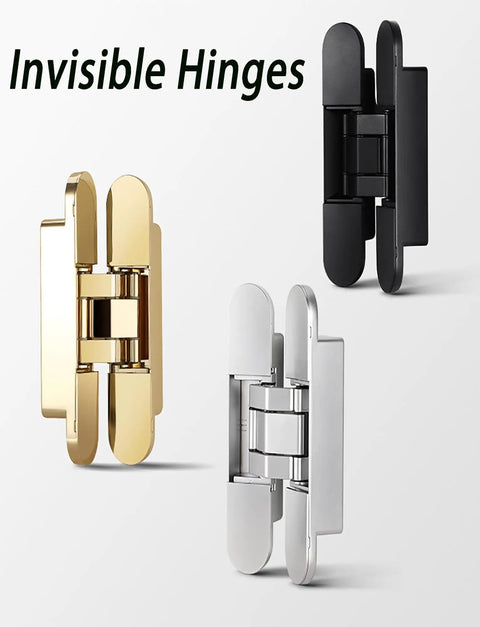 3 Pack Black Concealed Hinges For Invisible Secret Doors Heavy Duty Steel Hidden Hardware displayed in gold, black, silver finishes.