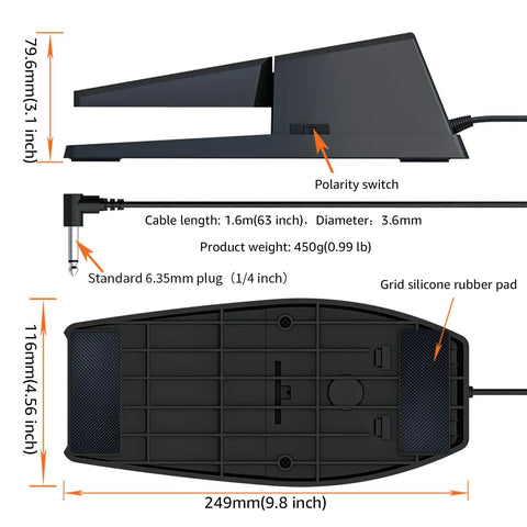Extra Wide Sustain Pedal For Digital Pianos With Anti Slip Silicone Pads, Tilted Comfort Surface And Polarity Switch dimensions