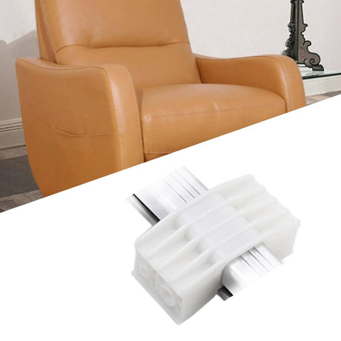 Close-up of white plastic linear actuator gear block with metal rack for power recliner lift chairs.