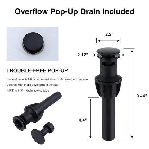Overflow pop-up drain for Low Arc 8 Inch Widespread Matte Black Bathroom Faucet With 3 Hole Brass Wide Spout Waterfall Style, Double Handle Vanity Sink Tap, Includes Waste Drain, Solid Brass Construction, Sleek Dope Modern Square Design