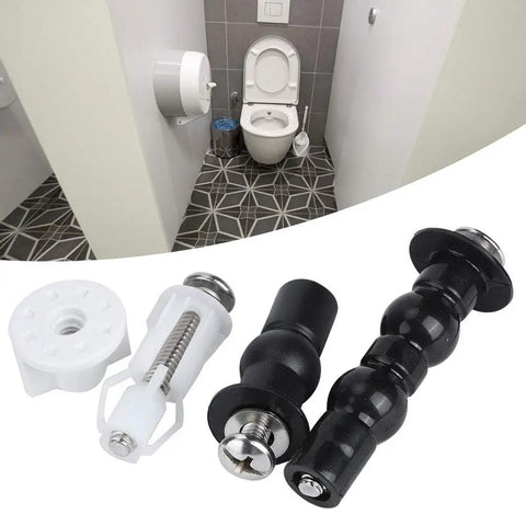 Universal Toilet Seat Bolt Replacement Kit In Stainless Steel Heavy Duty Gear for secure installation on black and white bathroom fixtures.