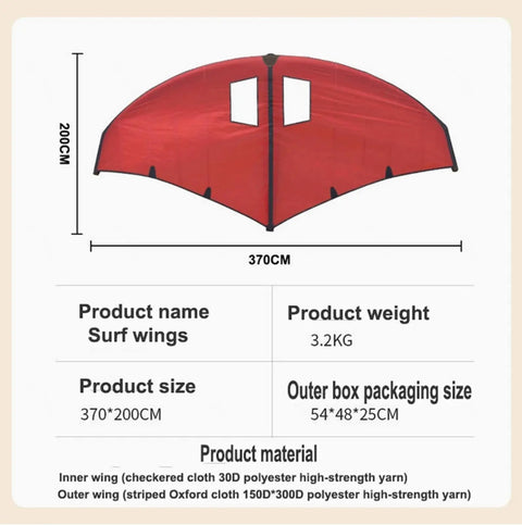 Inflatable Windsurf Wing For Windsurfing And Wing Foil Surfing, red, 370x200 cm, polyester material, display with dimensions