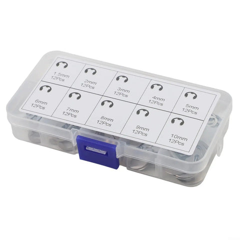 E Clip Circlip Retaining Ring Set In 304 Stainless Steel 120 Piece Assortment Kit with sizes labeled in a clear case