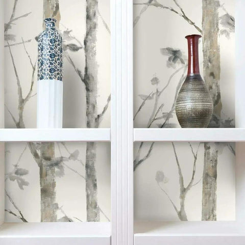 White Birch Trees Peel And Stick Wallpaper Vinyl 12 Ft By 9 Ft Made In USA Easy To Apply No Water Needed No Mess Repositionable in shelves.