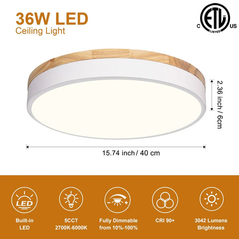 Wooden Flush Mount Ceiling Light With Dimmable LED 5CCT 2700K 6000K Round 16 Inch Ceiling Fixture For Kitchen Living Room Dining Room And Bedroom Modern Farmhouse Style Easy Install And Brilliance Control Lit, showing 36W LED light details and dimensions.