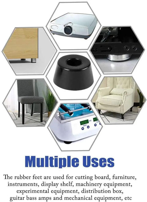 19 Pack Rubber Feet Bumpers With Metal Washers For Furniture And Cabinets, shown in various uses on furniture and equipment