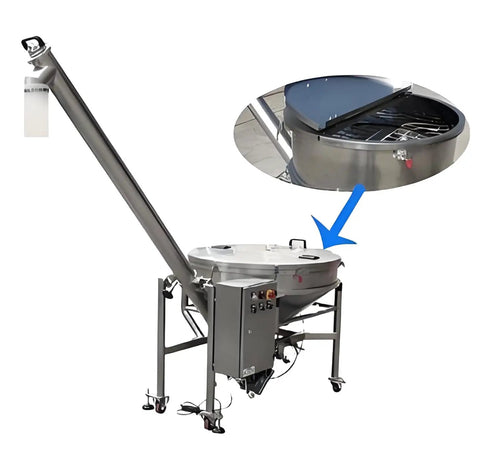Stainless Steel Screw Auger Feeder Workhorse Conveyor with Hopper for spice, grain and powder handling in industrial food processing system.