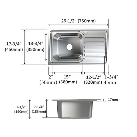 Drop In Kitchen Sink 29.5 Inch Long 17.7 Inch Wide 7.5 Inch Deep 11 Gauge 304 Stainless Steel Undermount Single Bowl With Built In Heavy Duty Workstation Top Mount Basin Includes Basket Strainer And One Faucet Hole with dimensions