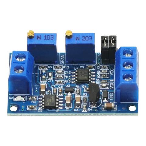 Front view of Two Pack 4-20mA To 0-3.3V 0-5V And 0-10V Current To Voltage Converter Module with blue potentiometers for industrial sensor signals.