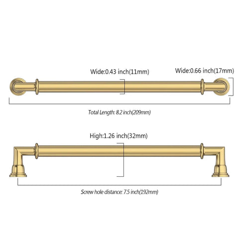 Diagram of 10 Pack 7.5 Inch Champagne Bronze Cabinet Handles dimensions, showing width, length, height, and screw hole distance.