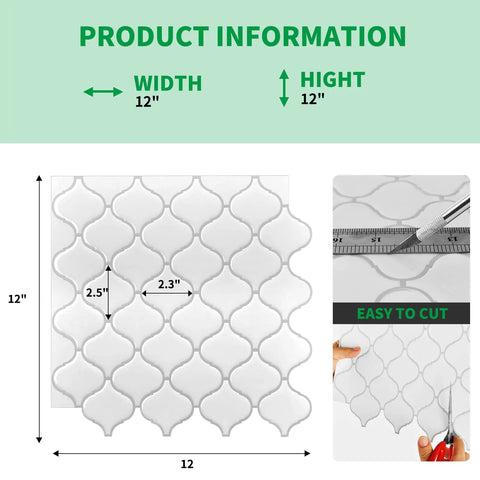 White Arabesque Peel And Stick Tile Backsplash, 10 sheets 12x12 inch, DIY friendly, easy to cut, illustrated size guide
