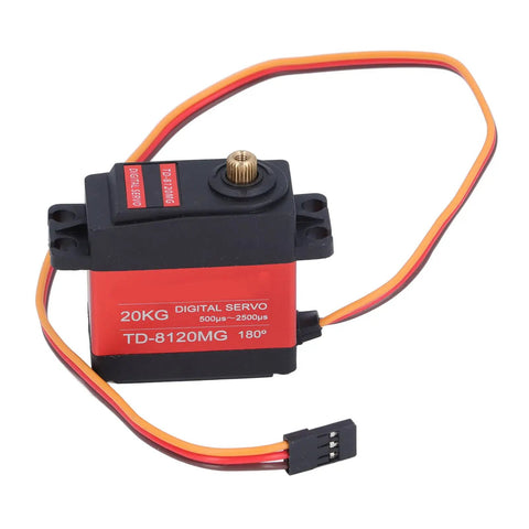 High Precision Waterproof Digital Servo Motor With 20kg Killer Torque And Rock Solid Heavy Duty Metal Gears For Cars Trucks Planes Drones, shown from the side.