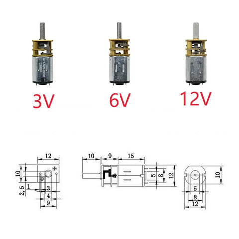 Heavy Duty N20 Micro Gear Motor Packed With Real Metal Reduction Gears Runs Like Gangbusters For Diy Robot Chassis Electronic Locks And Compact RC Mods Needing Low End Torque showing 3V, 6V, and 12V models with dimensions.