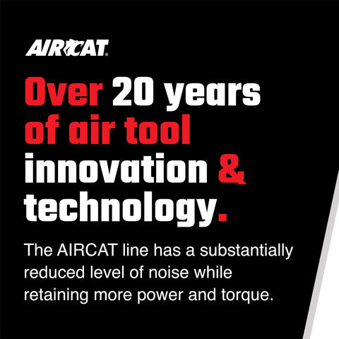 Text: Over 20 years of air tool innovation & technology, AIRCAT line for noise reduction, power, torque.