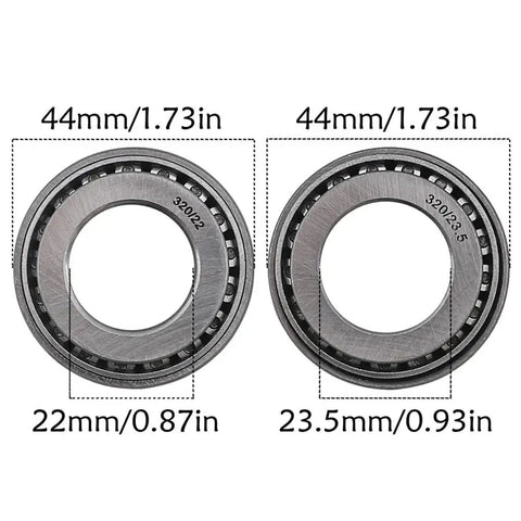 Badass Motorcycle Steering Head Stem Tapered Bearings Set 44 mm Od and 22 mm 23.5 mm Id showing size specifications.