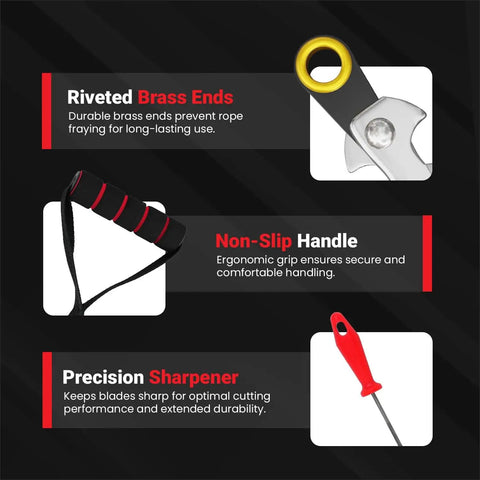 Riveted brass ends, non-slip handle, and precision sharpener of 55 Inch High Limb Rope Saw With 360 Rope Chain For Manual Tree Limb Cutting Dual Sided Blades Ergonomic Handles Ultra Easy Jam Free Quick Cut Pocket Chainsaw With Carrying Case.