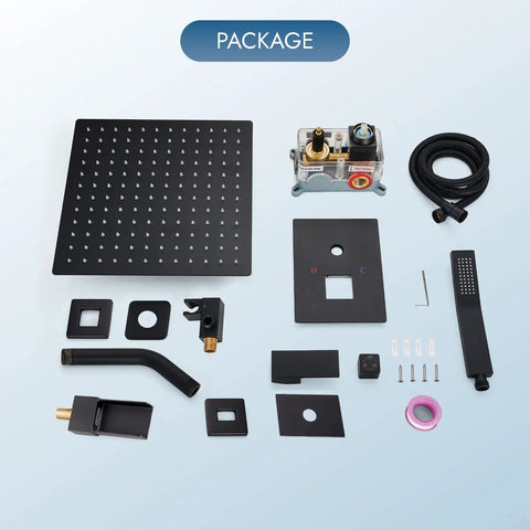 Dope Wall Mount 3-Function Shower System With Handheld Spray and Waterfall Tub Spout, Matte Black parts layout