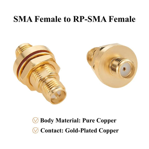 Close-up of Female To Female Bulkhead Panel Mount RF Coaxial Adapter 50 Ohm Low Loss Connector with gold-plated copper, IP67 waterproof.