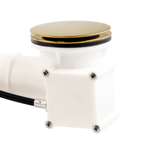 Top Shelf Smooth Operation Heavy Duty Cable Drive Bathtub Drain Trim Kit with shiny gold pop up stopper and white pipe.
