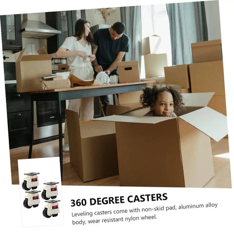 Heavy Duty Swivel Casters With Adjustable Leveling Feet And Smooth Rolling Steel Plate Wheels Designed For Industrial Workbenches Or Home Furniture Quick Hookup Included In This Four Pack Set Of Tough As Nails Rolling Gear To Shift Your Heavy Loads with child smiling in cardboard box