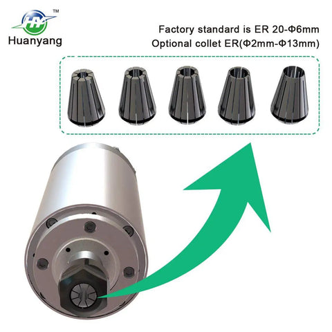 Beefed Up Water Cooled CNC Spindle Motor 220V 2.2KW 24000RPM 400Hz 80mm ER20 Toolholder with collets shown in various sizes