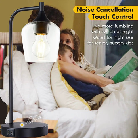 Cozy Industrial Table Lamp For Living Room With 2 USB Ports, Black Nightstand Lamp with clear glass shade and touch control