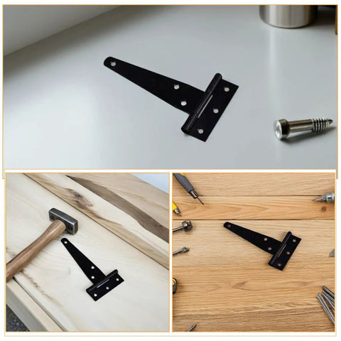 Eight-Piece Black Zinc Alloy T-Shaped Gate Hinges With Triangular Support For Wood And Metal Doors Built-To-Last Corrosion-Resistant Shed Hardware