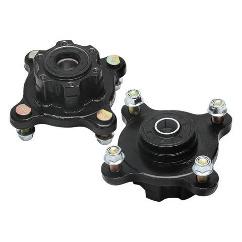 Pair Of Front Wheel Hubs Featuring Bulletproof 17Mm Bearings 4Lug 4X110 Bolt Pattern, durable black hubs for ATVs.