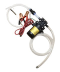Must-Have 12V Self-Priming Oil Transfer Pump For Fast Fluid Extraction From Cars Trucks Boats And Lawn Mowers In Your Garage Or Shop During Any Weekend Project with clear tubing and battery clips.