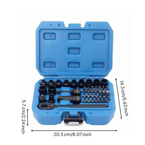 Shop Grade Metric Socket Wrench Set Featuring Smooth Bidirectional Ratchet Quick Release Mechanism And Rugged Carry Case For Auto Repair And Garage Work in a blue case with tools.