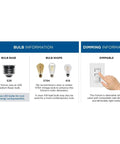Coastal Farmhouse Pendant Light bulb and dimming information chart, showing bulb base, shape, and dimmable feature