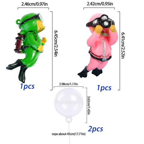 Two Pack Floating Diver Aquarium Decor Set With Adjustable Line, Cute Little Diver And Floating Balls Playmates in pink and green