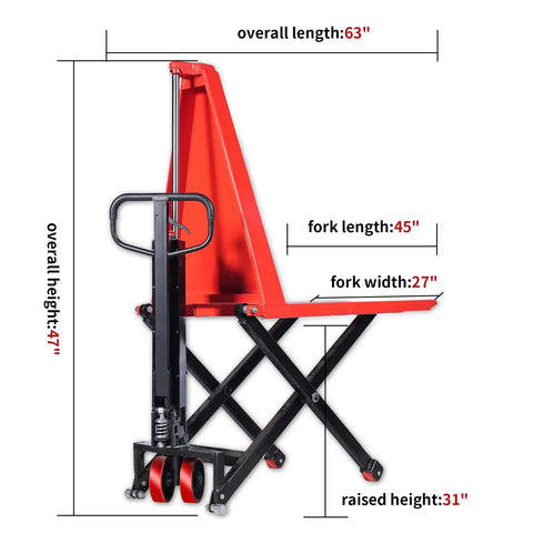 Heavy Duty Semi Electric Pallet Jack With 3300 Lb Capacity And Lithium Battery Powered Scissor Lift side view with dimensions.