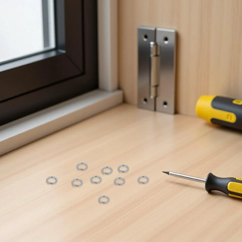Heavy Duty Steel Split Lock Washers Stainless M6 Fastener Hardware 300 Pack on workbench with screwdriver and hinge.