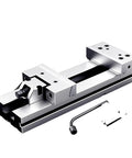 Rock Solid 4 Inch Precision Bench Vise For Top Shelf Workshop clamping, slick steel build with jaw and handle.