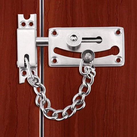 Real Deal Stainless Steel Door Security Chain With Deadbolt Stops mounted on a wooden door, allowing two-inch opening for safety.