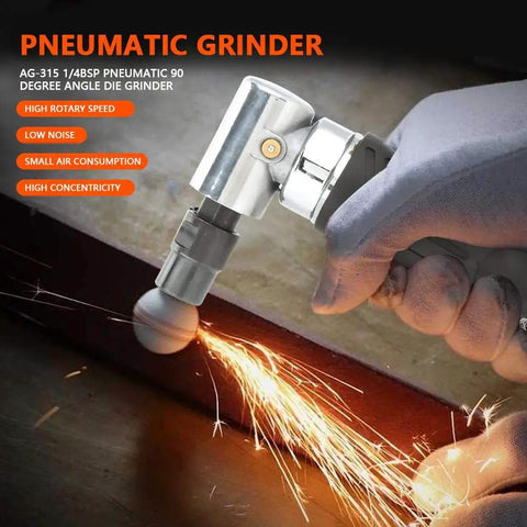 Pro Tier Slick Angle Pneumatic Die Grinder For Nitty Gritty Detail Work And Heavy Metal Chops At High Speed Rpm With Quarter Inch Air Inlet And Compact Angled Head Design in use with sparks flying.