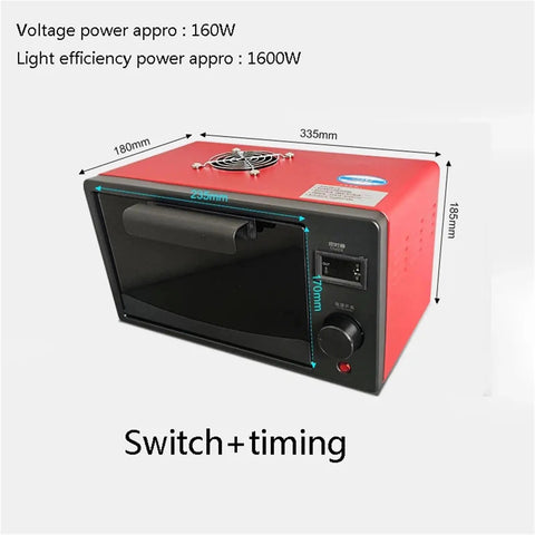 Badass LED UV Curing Box 1600W Hella Fast Dry Station with measurements and switch detail.