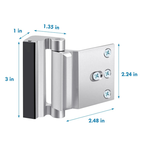 Beefy Heavy Duty Door Reinforcement Lock For Home Security Up To 800 Lbs Kid Safe And Inward Swing Door Lock dimensions illustration