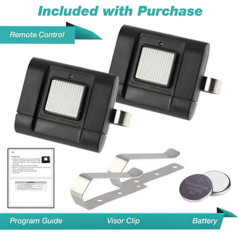 Two Pack Garage Door Remote 310 MHz Compatible With Stanley Openers From 1982 To 1995 1050 Linear Gate Opener 105015, includes visor clip and guide.