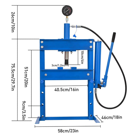 Heavy Duty 10 Ton Hydraulic Press With Adjustable H Frame Garage Shop Tool, measuring 58cmx46cm, featuring pressure gauge for auto repair.