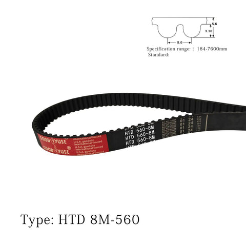 HTD Timing Belt 560-8M-20 with 70 Teeth, 560mm Length, 20mm Width, Heavy-Duty Rubber, Reinforced Nylon Core