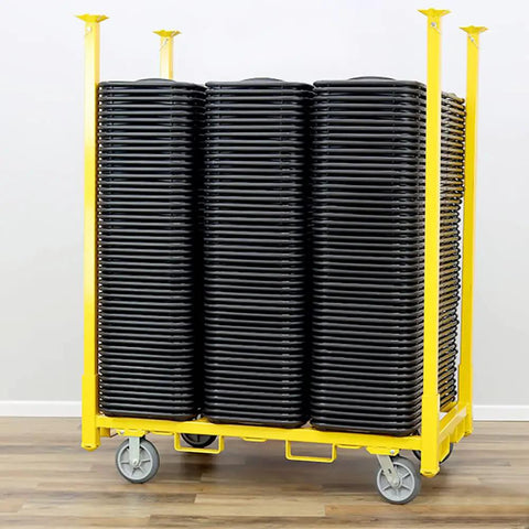 No Nonsense Yellow Four Wheel Chair Table Storage Cart With 3000 Lb Capacity Smooth Swivel Casters Built Tough Steel Deck loaded with black chairs.