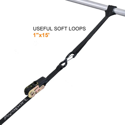 Heavy Duty Ratchet Strap Tie Downs Kit With S Hooks 2500 Lb Break Strength For Truck Bed Motorcycle Roof Rack Cargo Securement showing a 1x15' ratchet strap with soft loops.