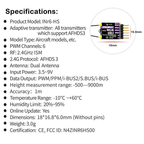 Specifications for Six Channel AFHDS 3 RC Receiver with Dual Antenna for RC Cars Drones and Boats INr6 HS PWM PPM IBUS SBUS Output